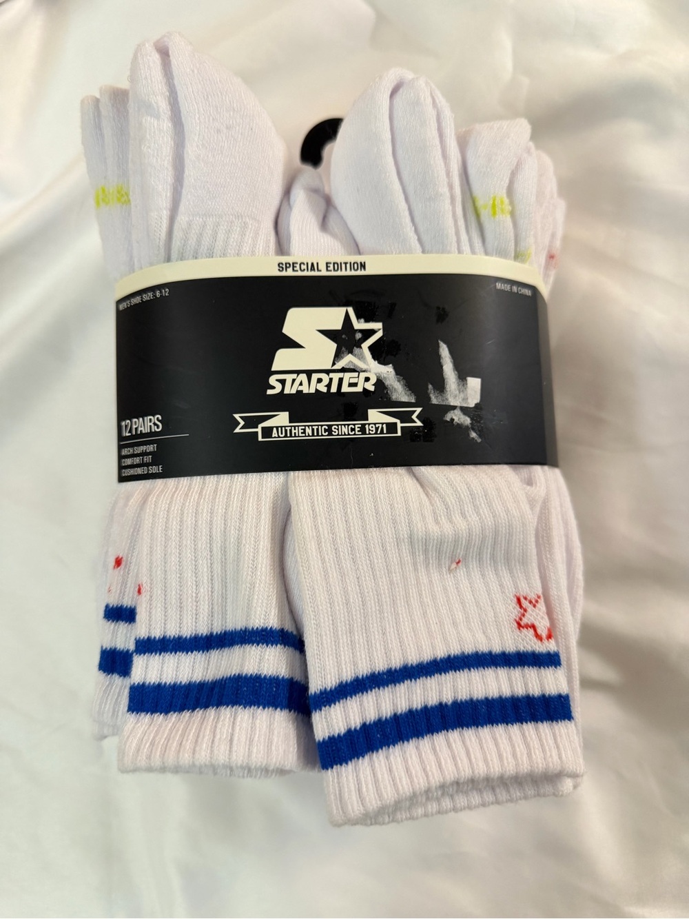 STARTER White Athletic Crew Socks with Blue Stripes - 12 Pairs